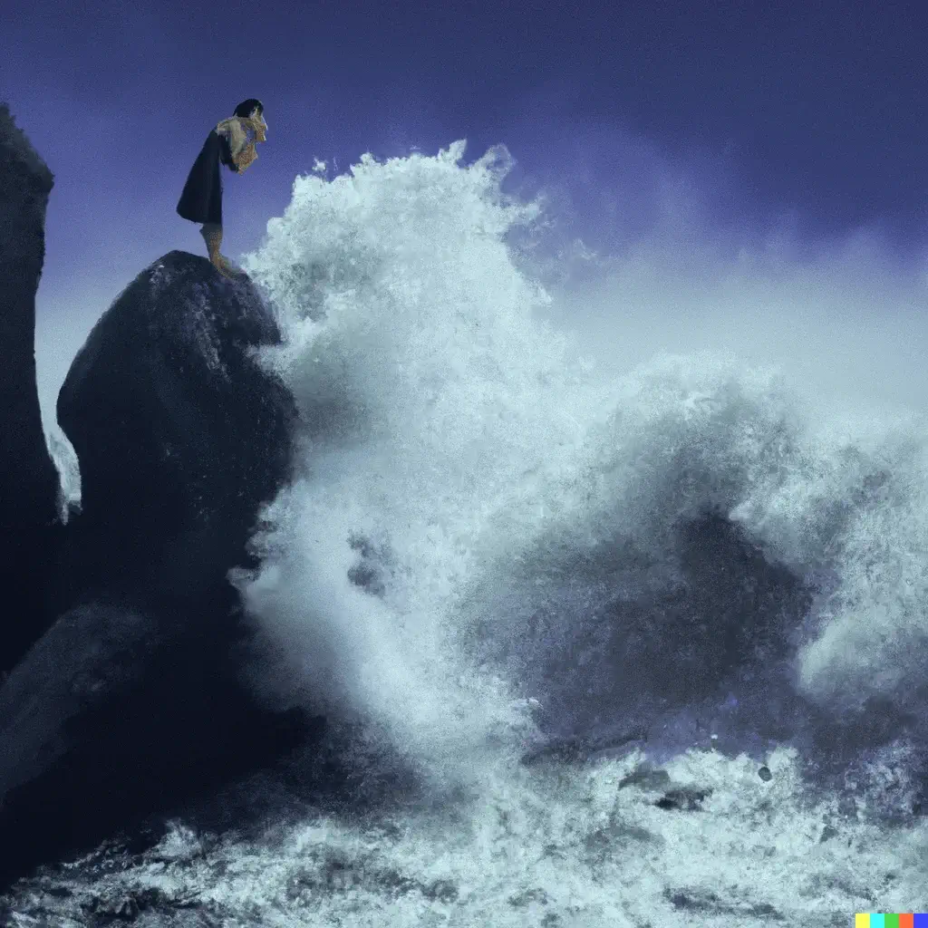 Con un Mar Embrabecido la joven busca refugio en 3D entre las rocas