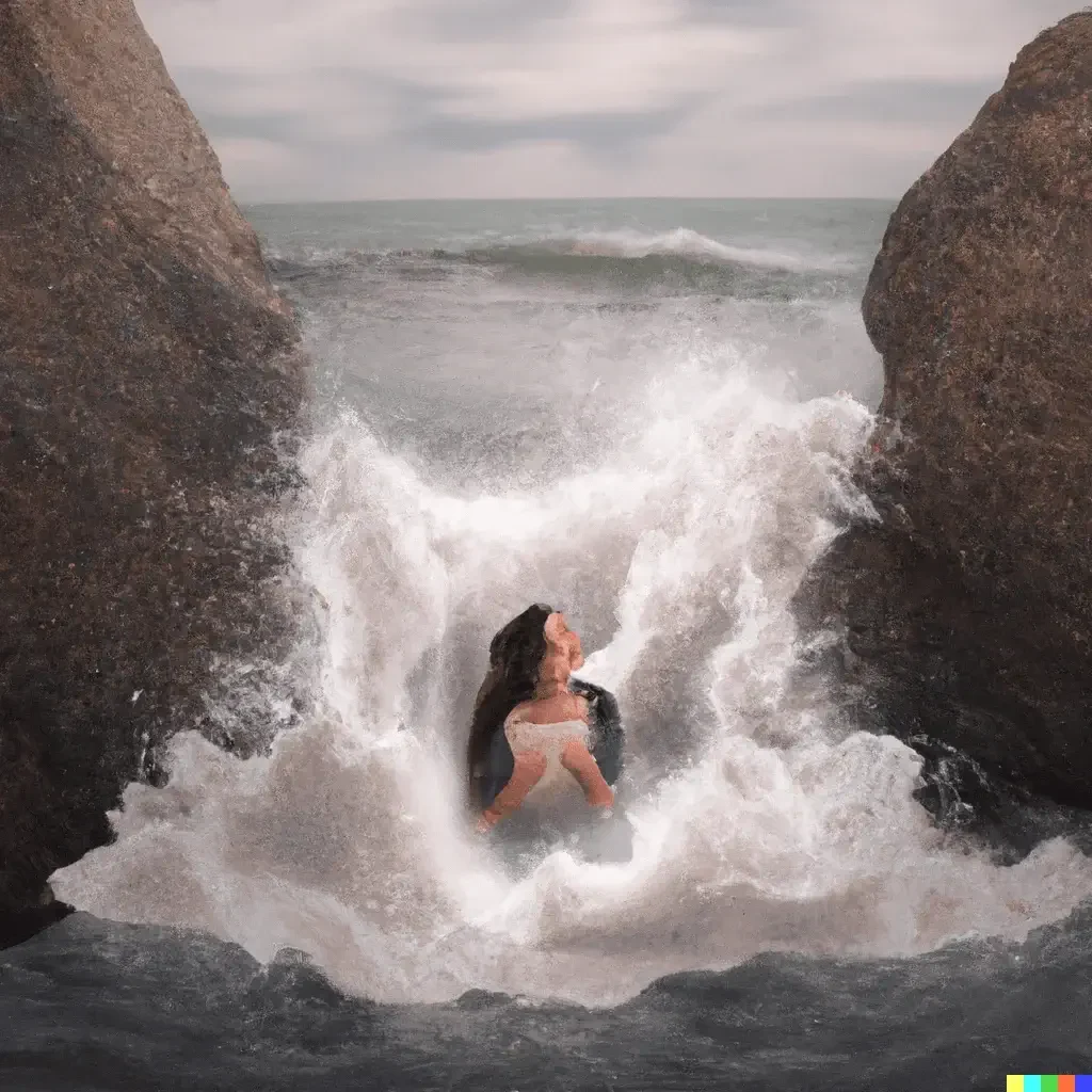 Con un Mar Embrabecido la joven busca refugio en 3D entre las rocas