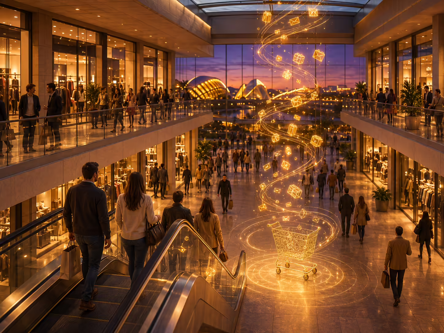 tienda online Valencia — centro comercial El Saler con la Ciudad de las Artes y las Ciencias al fondo, comercio físico y digital conectados