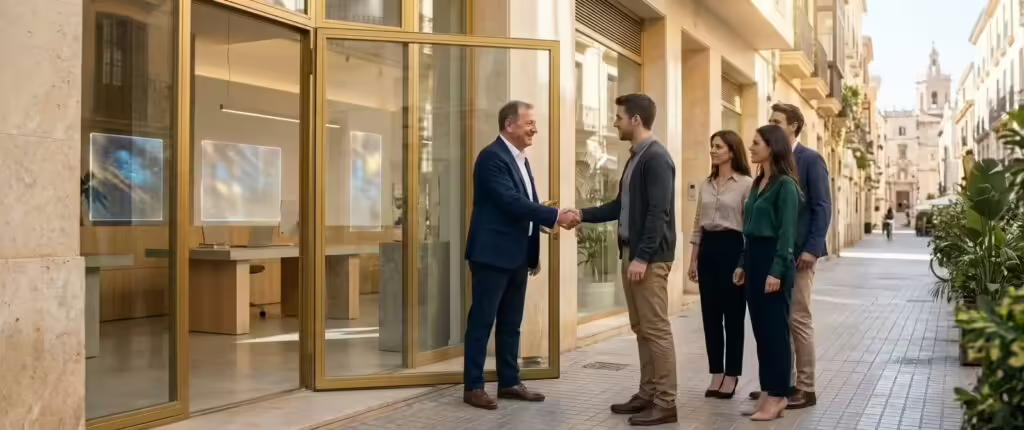 Apretón de manos entre quien programa y su cliente a la puerta de una oficina, con el equipo esperando en la calle